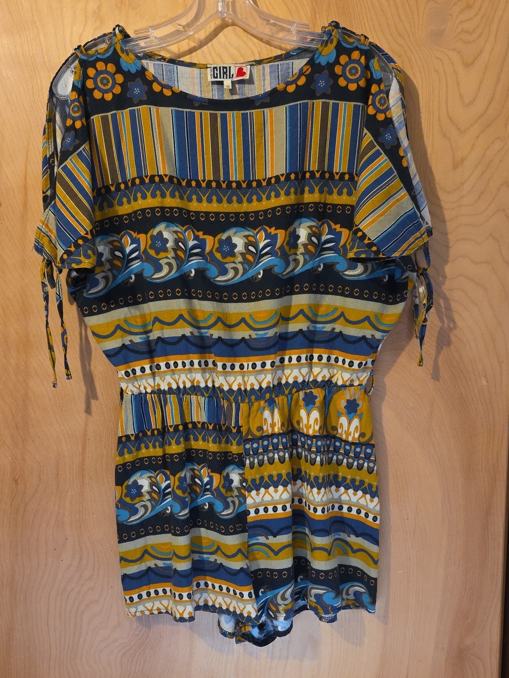 Chelsea Girl 70's Printed Romper Blue & Mustard Elastic Waist Size 10